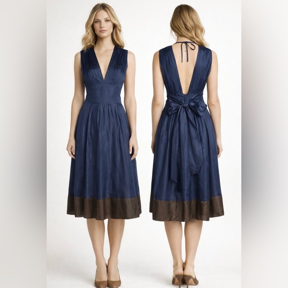 BCBGMAXAZRIA Silk A Line Dress 6 Blue Brown Trim Open V Back Ribbon Belt Tie